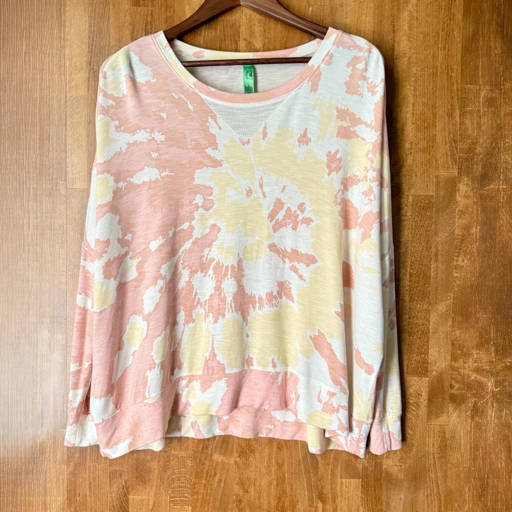 Honeydew Tie Dye Long‎ Sleeve Top, Women's Relaxed Fit Pullover, Pink Yellow